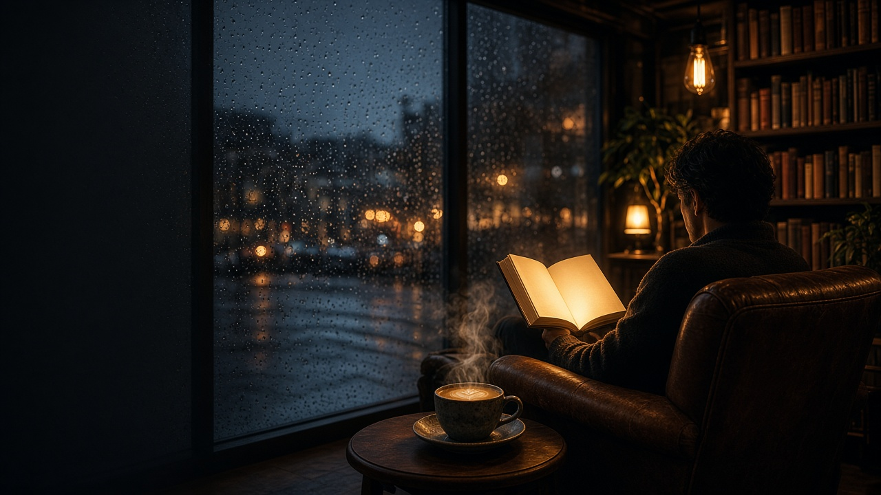 A reader with an open book and a coffee by a rainy cafe window
